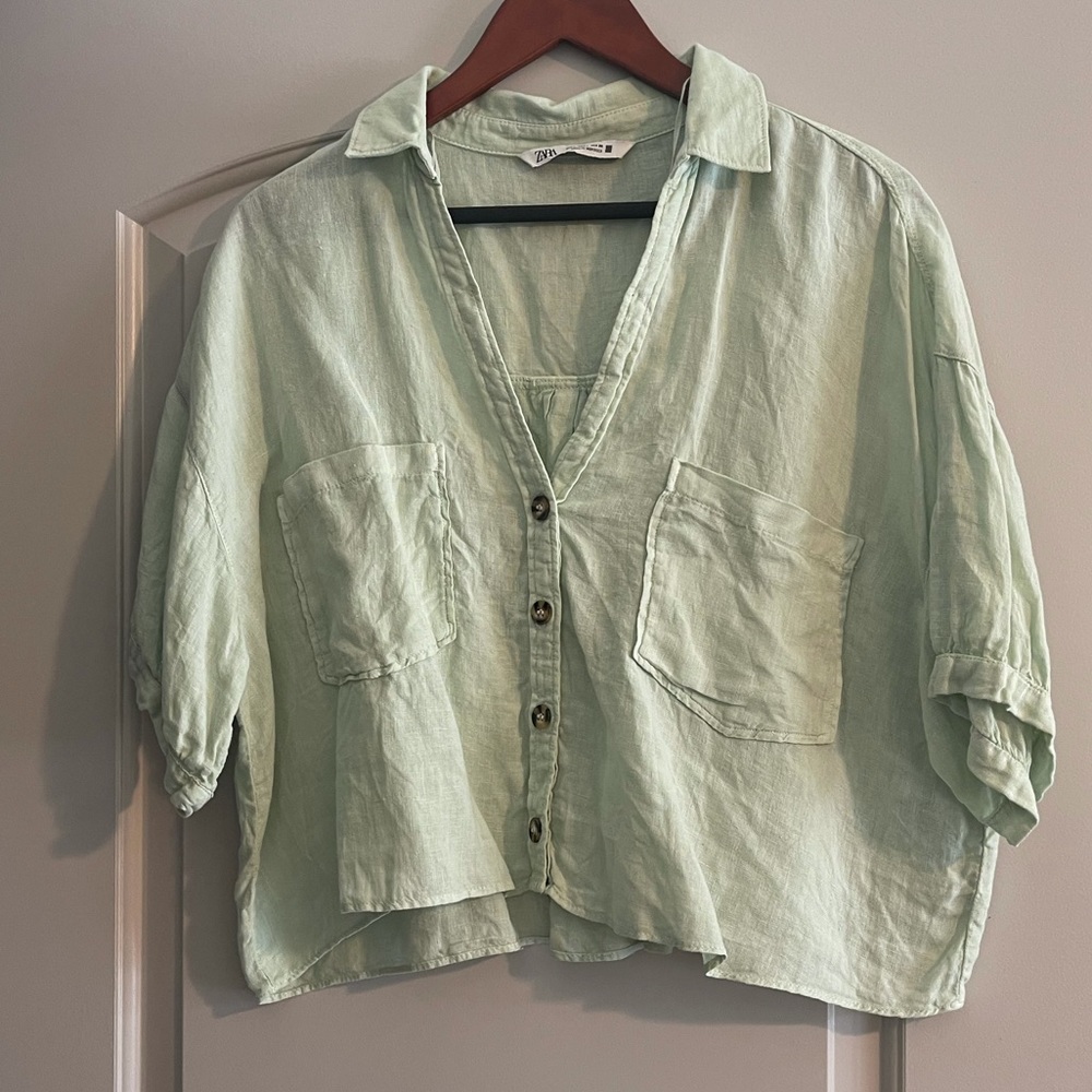 Zara 100% linen crop shirt